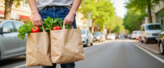Individual carrying reusable shopping bags with vegetables on city street, eco-friendly lifestyle