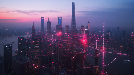 Fototapeta premium Night lights, a city of modern business and smart digital innovation with a network of interconnected rewards over the cityscape of the future smart wireless digital city and social media network that