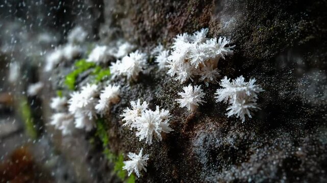 Detailed view of white slime mold fruiting bodies growing on dark damp rock, with green moss accents, macro photography
