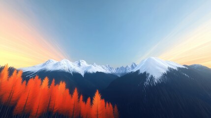 Obraz premium Majestic SnowCapped Mountains at Sunset with Vibrant Autumnal Trees in Foreground