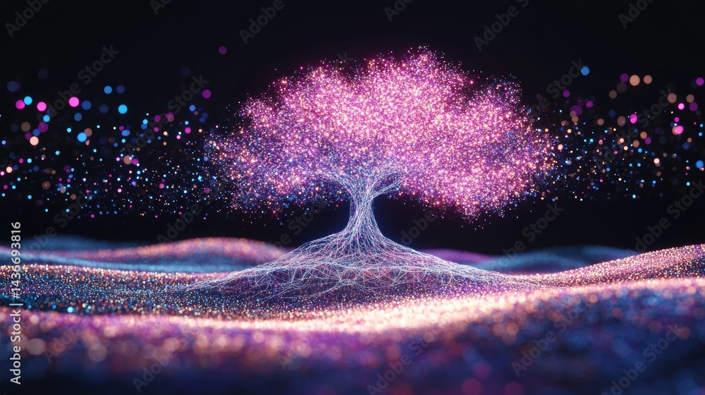 Poster the concept of a blockchain supply ecosystem is visually represented by a radiant digital tree, its 