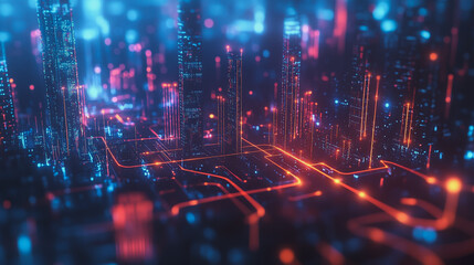 Obraz premium Night lights, a city of modern business and smart digital innovation with a network of interconnected rewards over the cityscape of the future smart wireless digital city and social media network that