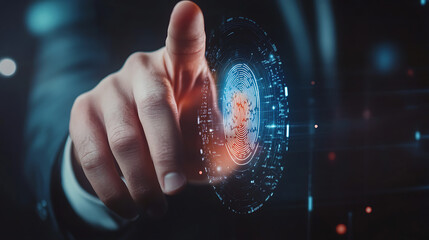 A finger touching a digital fingerprint interface with glowing lines and dark background.