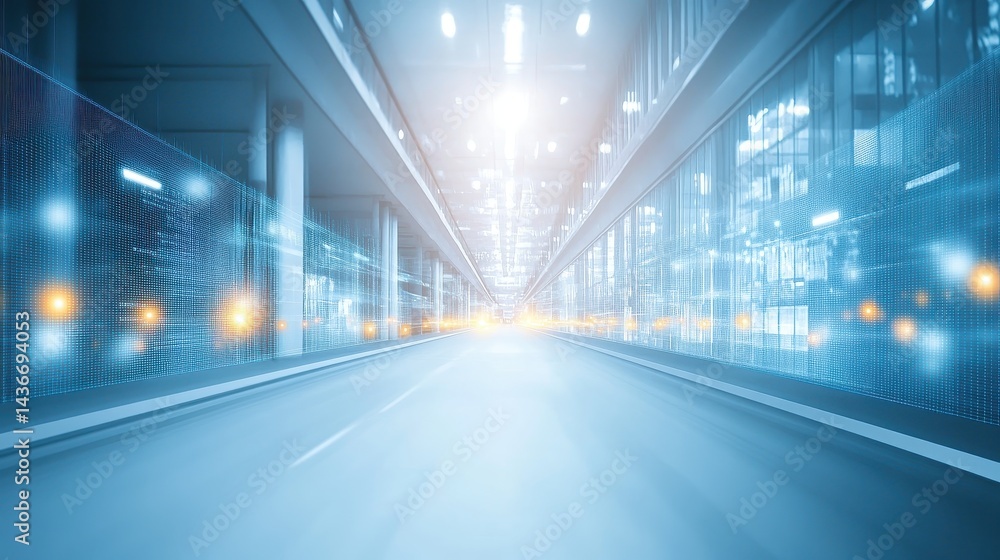 Poster futuristic cityscape abstract data stream highway glowing digital lines illuminated road modern arch