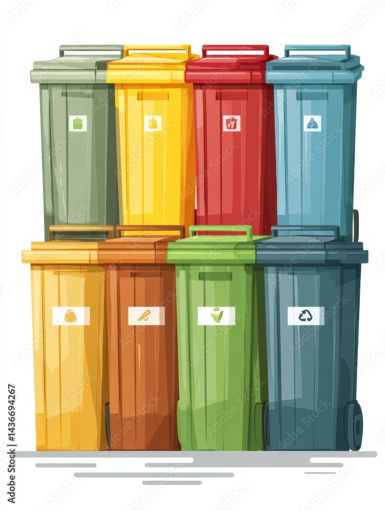 Poster Color-coded Trash Bins Arranged for Effective Recycling Categories in a Modern Urban Setting