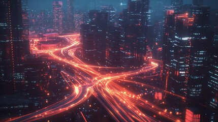 Obraz premium Night lights, a city of modern business and smart digital innovation with a network of interconnected rewards over the cityscape of the future smart wireless digital city and social media network that