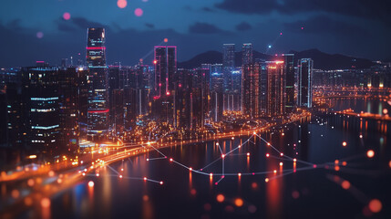Obraz premium Night lights, a city of modern business and smart digital innovation with a network of interconnected rewards over the cityscape of the future smart wireless digital city and social media network that