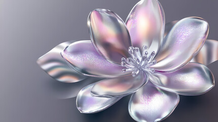 Silver flower fluid holographic iridescent 3d render icon isolated on transparent background cutout. Crystal Bloom. Illustration