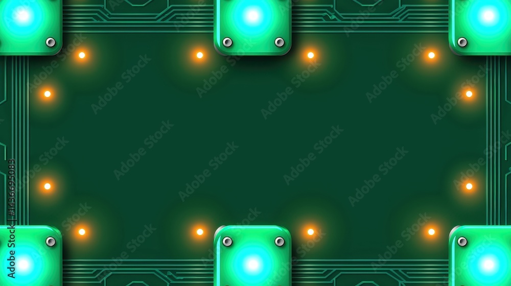Poster illuminated green circuit board frame with glowing lights and square components