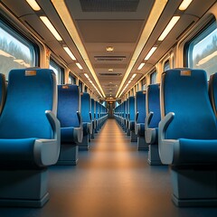 Naklejka premium Interior view of a modern train car with blue seats.