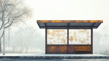 Rusty Bus Stop in Foggy Winter Landscape