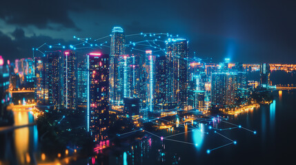 Fototapeta premium Night lights, a city of modern business and smart digital innovation with a network of interconnected rewards over the cityscape of the future smart wireless digital city and social media network that