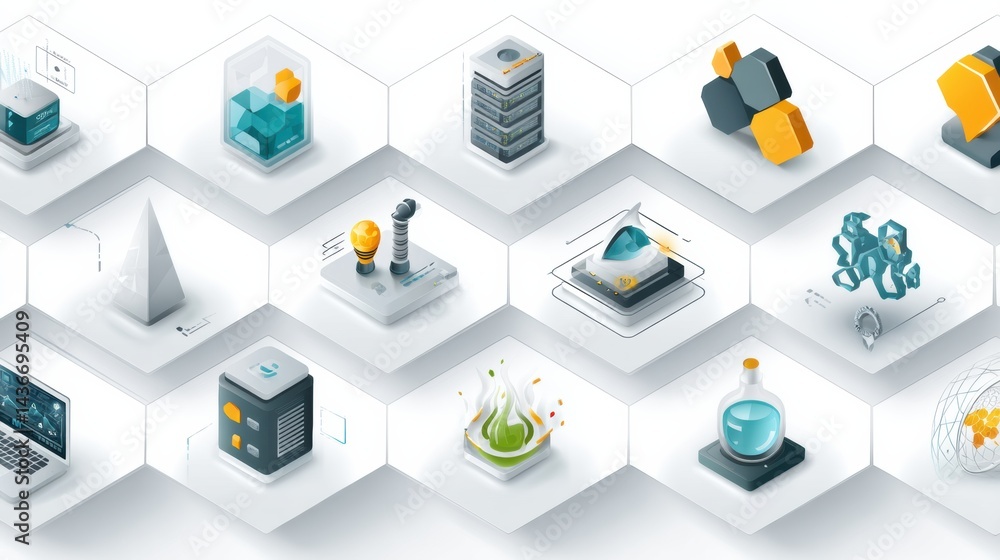 Poster Modern Digital Symbols and Isometric Icons Arranged on a Clean Grid Background Showcasing Technology and Creativity in Various Fields