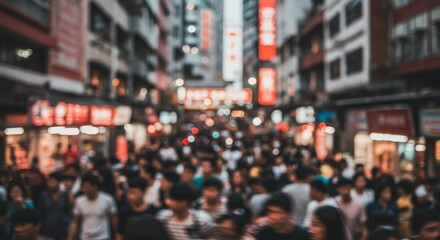 Crowd Walking in Urban Street at Night with City Lights