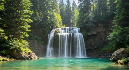 Obraz premium Cascading Waterfall Into Turquoise Pool Surrounded by Lush Green Forest