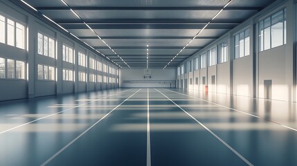 Obraz premium Empty modern industrial warehouse interior, bathed in natural light.