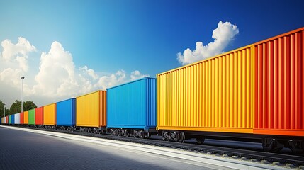 Fototapeta premium Cargo containers fill a freight train, showcasing railway logistics and transportation. 