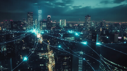 Night lights, a city of modern business and smart digital innovation with a network of interconnected rewards over the cityscape of the future smart wireless digital city and social media network that