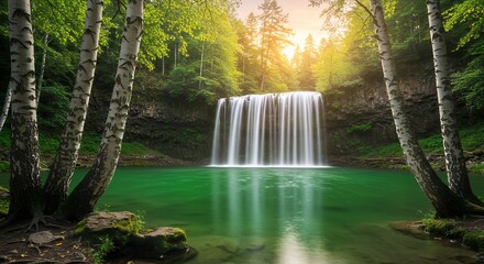 Waterfall Flowing into Green Pool Surrounded by Birch Trees in Forest