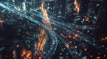 Fototapeta premium Night lights, a city of modern business and smart digital innovation with a network of interconnected rewards over the cityscape of the future smart wireless digital city and social media network that