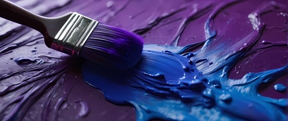 Macro shot of textured purple and blue paint mixing intensively on rough canvas with visible brush strokes