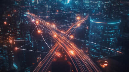 Night lights, a city of modern business and smart digital innovation with a network of interconnected rewards over the cityscape of the future smart wireless digital city and social media network that