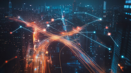 Night lights, a city of modern business and smart digital innovation with a network of interconnected rewards over the cityscape of the future smart wireless digital city and social media network that