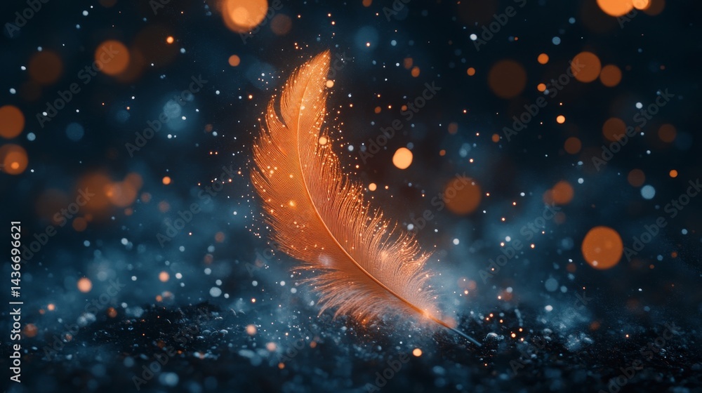 Wall mural a feather that shines like an ember drifts softly on a dark, enigmatic background, accompanied by th