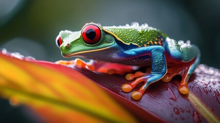 Naklejka premium Red eyed tree frog clinging to a tropical leaf vibrant green and blue skin macro photography dewdrops reflecting light