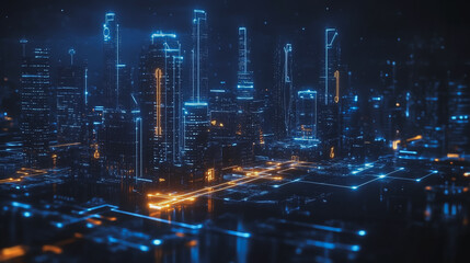 Fototapeta premium Night lights, a city of modern business and smart digital innovation with a network of interconnected rewards over the cityscape of the future smart wireless digital city and social media network that