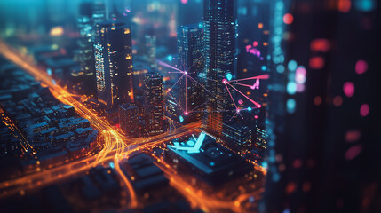 Fototapeta premium Night lights, a city of modern business and smart digital innovation with a network of interconnected rewards over the cityscape of the future smart wireless digital city and social media network that