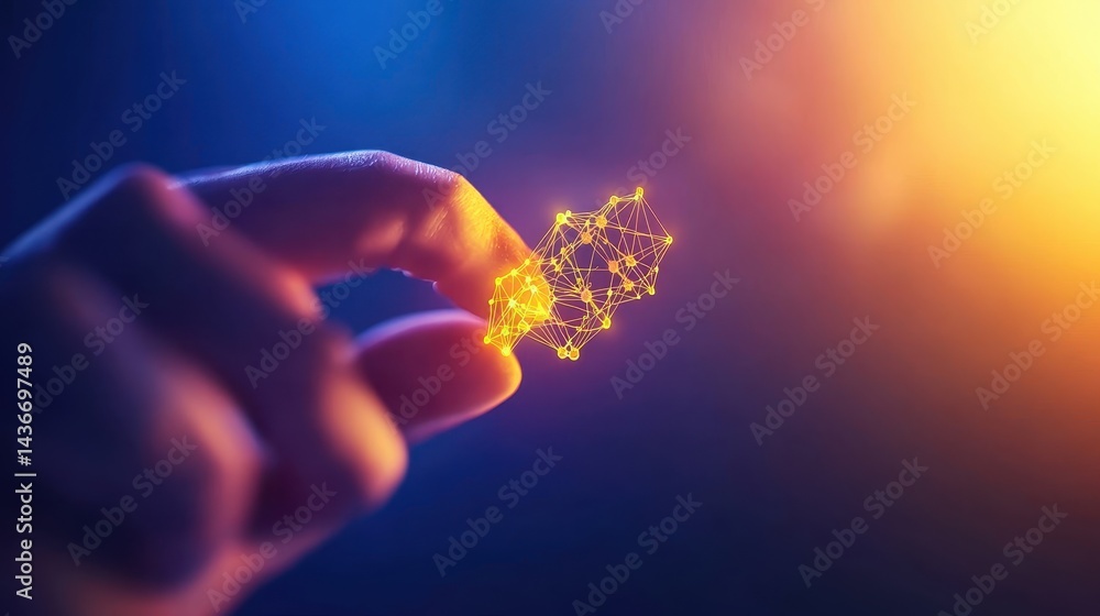 Poster human fingertip interacting with glowing network nodes abstract digital connection futuristic techno