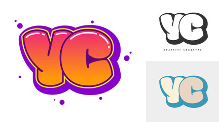YC logo design for festival or party. Initial letter y and c in graffiti style. Creative modern lettering company name of font typography. Kids trendy logotype or identity.