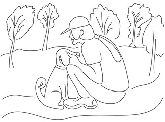 horizontal illustration with female and dog on walking in linear doodle style. Template for background, wallpaper, banner, backdrop, decoration