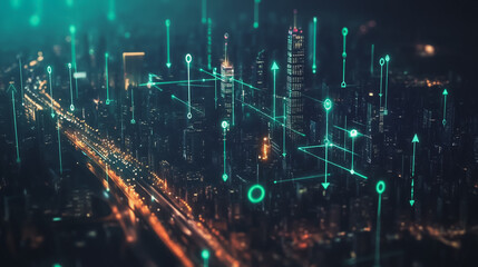 Fototapeta premium Night lights, a city of modern business and smart digital innovation with a network of interconnected rewards over the cityscape of the future smart wireless digital city and social media network that