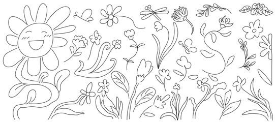 Fototapeta premium set of flowers and plants in linear doodle style in vector. template for greeting cards design stickers posters