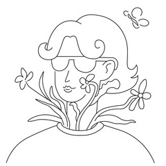 female with blooming flowers in linear doodle style in vector. Element for poster sticker design logo decoration prints postcards