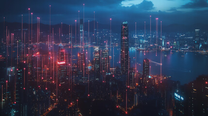 Fototapeta premium Night lights, a city of modern business and smart digital innovation with a network of interconnected rewards over the cityscape of the future smart wireless digital city and social media network that