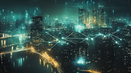 Fototapeta premium Night lights, a city of modern business and smart digital innovation with a network of interconnected rewards over the cityscape of the future smart wireless digital city and social media network that