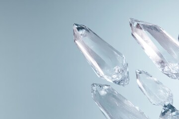 Translucent crystals glimmering against soft blue background, sh