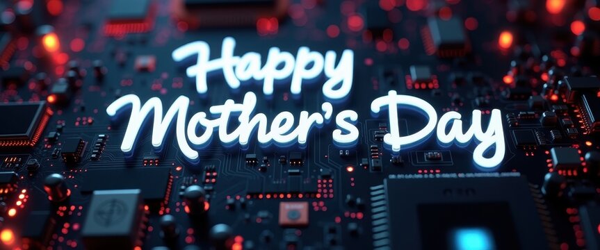 Celebrate mother's day with this vibrant digital artwork showcasing "happy mother's day" on a circuit board background, blending technology with heartfelt sentiments.