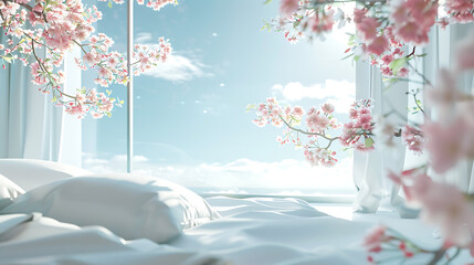 Serene Bedroom with Cherry Blossoms and Ocean View