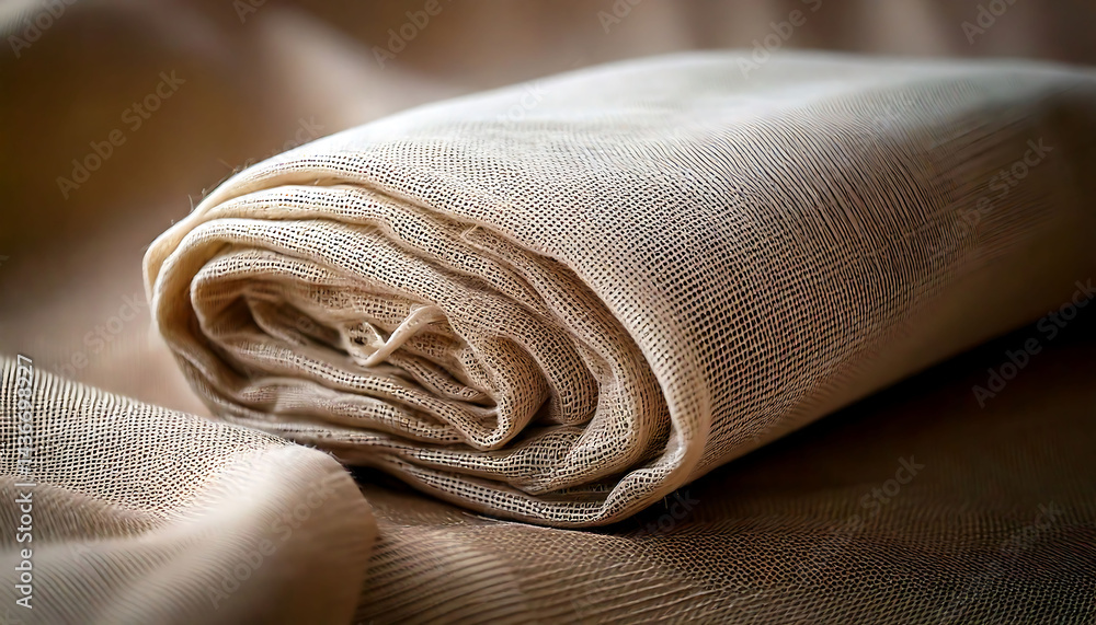 Poster beige woven fabric roll, shot in soft, diffused light, emphasizing texture and subtle color variatio