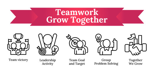 Teamwork - Grow Together, victory, leadership, goal and target, problem solving vector icon sheet collection line