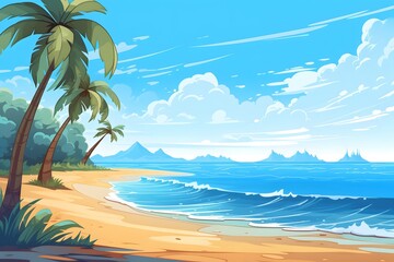 Obraz premium Beach Scenery Illustration Wallpaper, Beach Landscape, Beach Scenery Painting, Beach Wallpaper, Beach Background, Beach Wall Art, Tropical Beach Landscape, Summer Beach Scene, Ocean Illustration