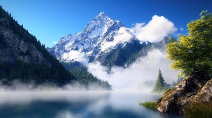 Fototapeta premium Majestic snowcapped peak reflected in a serene mountain lake shrouded in morning mist lush green forests rocky cliffs