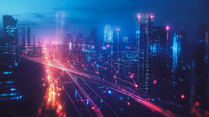 Obraz premium Night lights, a city of modern business and smart digital innovation with a network of interconnected rewards over the cityscape of the future smart wireless digital city and social media network that