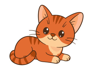 Cute orange tabby kitten is lying down. Chibi cat. Flat style, clean, simple, adorable feline graphic. Perfect for children’s content, greeting cards, stickers, or tshirts, mug and posters