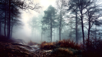 Obraz premium A foggy forest which seems very mystical