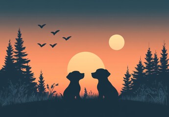 A pair of charming canine companions sit together at sunset, suitable for use in pet-themed initiatives